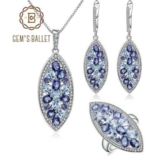 GEMS BALLET 925 Sterling Silver Natural Sky Blue Topaz Ring Earrings Pendant Set Handmade Floral Gemstone Jewelry Set For Women