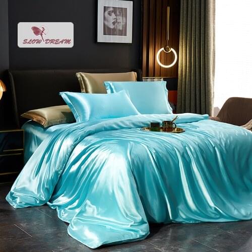 SlowDream Women Pure Blue Satin Bedding Set Silky Duvet Cover Flat Sheet Pillowcase Twin Full Queen King Family Bed Linen Set