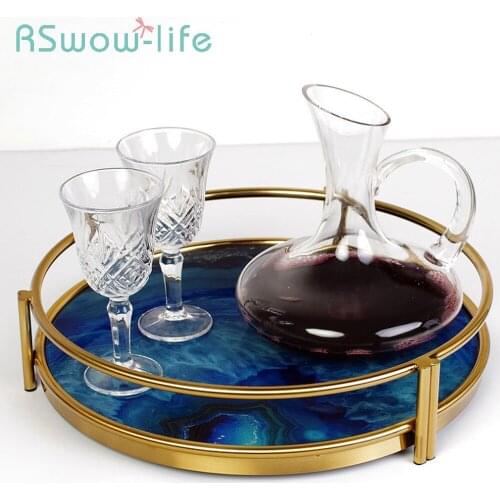 Light Luxury Glass Tray Home Decoration Disc Blue Agate Storage Trays Cup Snack Food Tray Serving Trays For Storage Supplies