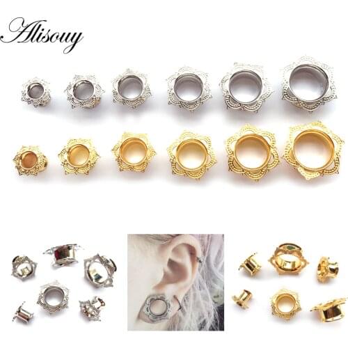 Alisouy 1 Pair White Gold color Flesh Tunnel Ear Plug Single Flared Ornate Body Piercing Jewelry Ear Expander Gauge 6 to 16mm