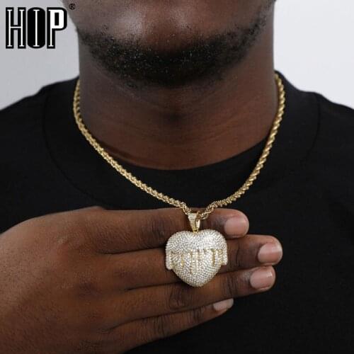 Hip Hop Bling Shiny Iced Out Micro Paved CZ Heart Drop Necklaces & Pendants For Men Rapper Jewelry With Tennis Chain