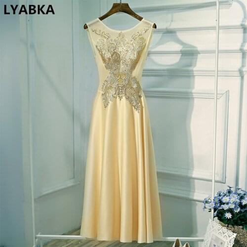 Evening Dress Robe De Soiree Satin With Appliques A-line Vestido De Festa 2019 Design Scoop Neck Evening Dresses Abendkleider