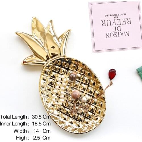 XINCHEN 30Cm Large Item Golden Ceramics Jewelry Tray Womens Dressing Table Ananas Leaf Small Jewelry Earrings Ring Storage Tray