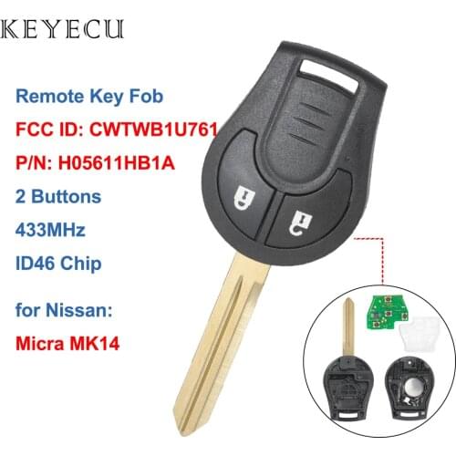 Keyecu Replacement Car Remote Key Fob 2 Button 433MHz ID46 for Nissan Micra MK14 2010 2011 2012 2013 2014, FCC ID: CWTWB1U761