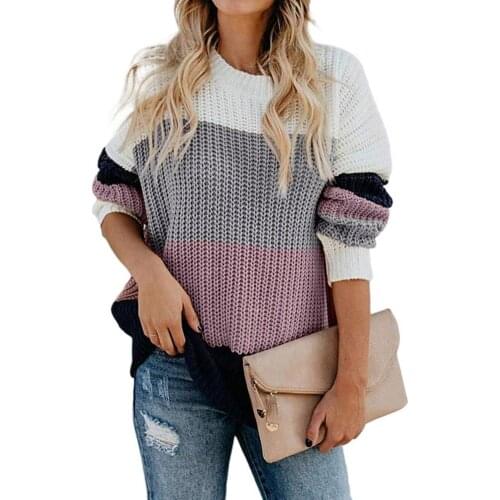 Women Round Neck Striped Sweater Loose Pullover Casual Knit Jumper Striped pullover sweater loose plus size rainbow sweater