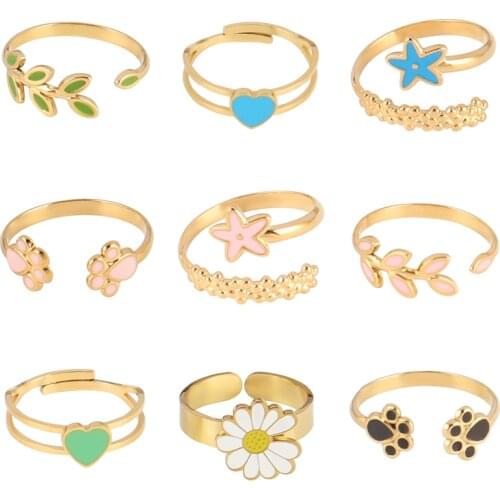 Stainless Steel Ring Candy Color Ins Rings Enamel Dripping Oil Ring Open Finger Rings For Women Jewelry Leaf Heart Flower Ring