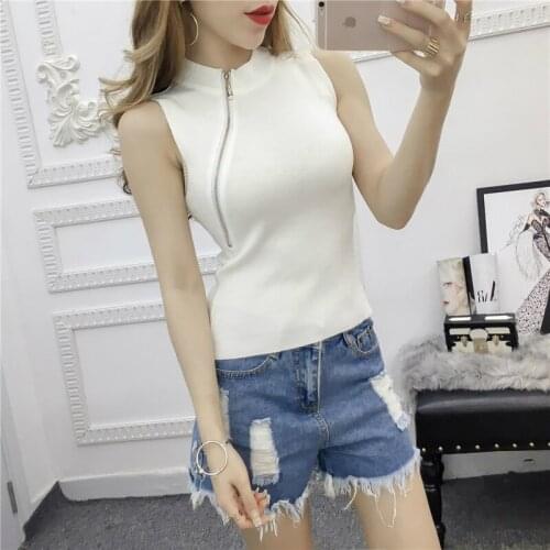 2019 summer womens new sexy casual fashion simple slimming bottoming shirt wild personality zipper knit vest sleeveless T-shirt