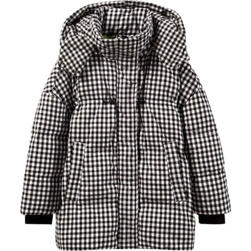 Winter 2021 new down jacket women black and white plaid mid-length fashion loose white duck down long-sleeved jacket
