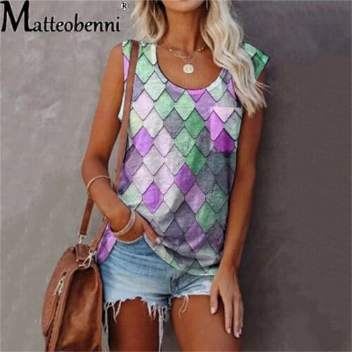 2021 Summer Women New Street Style Casual Loose Vest Fashion Lattice Printing Round Neck Pocket Sleeveless Plus Size T-Shirt Top