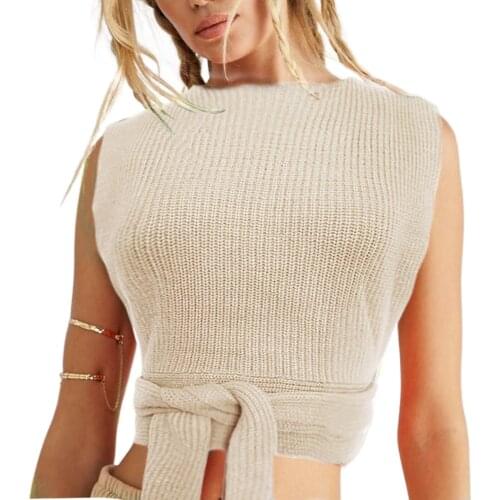 Women Thin Knitted Vest with Strap Decoration Solid Color Sexy Skinny Style Spring and Summer Clothing 5 Colors