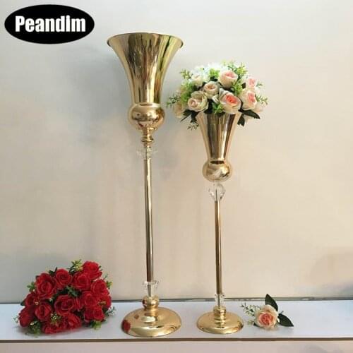 PEANDIM Gold Flower Vase Candle Holder Wedding Crystal Candelabra Centerpieces Party Road Lead Flower Stand For Home Decor