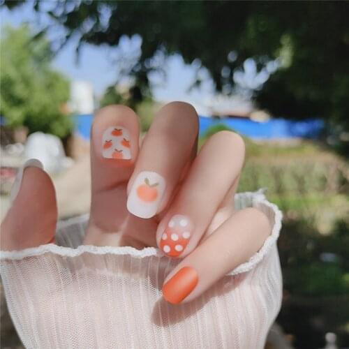 24pcs/box Tangerine Wave Point Wearable Fake Nail press on Sweet Small Fresh Waterproof Showing Hands White Nail tips Girl Decor