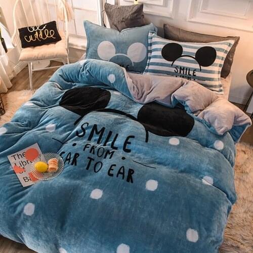 4PCS Bedding King Cartoon Thick Coral Velvet Solid Bedding Set Winter Warm Flannel Duvet Cover Bed Flat Sheet Pillowcases