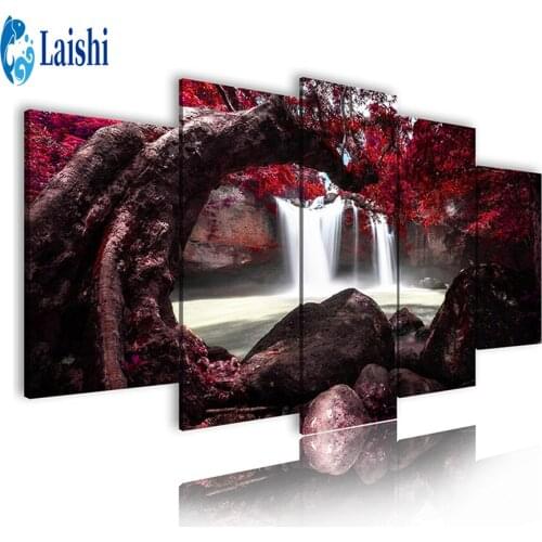 5pcs Diy Diamond Painting Diamond wholesale Red leaf landscape waterfall Embroidered Rhinestone Picture Mosaic Home Decoration