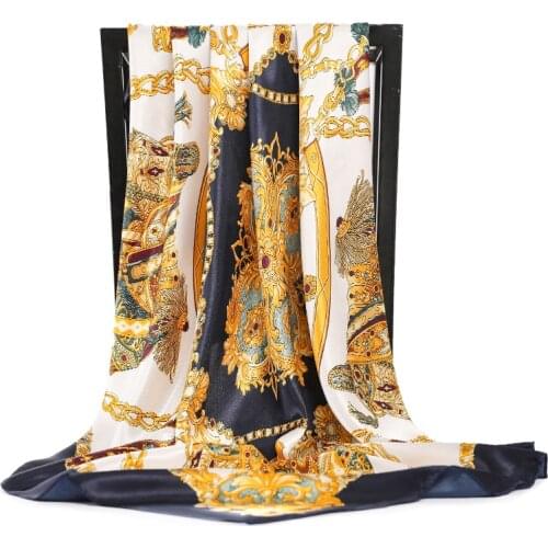 Large Hijab Scarves For Women Fashion Print Silk Satin Scarf Female 90cmx90cm Luxury Brand Square Shawls Head Scarfs For Ladies