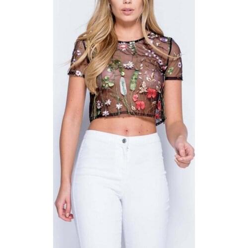 Black flower embroidery sexy blouse shirt Women tops blouse chemise femme camisa Transparent Short sleeve summer short blusas