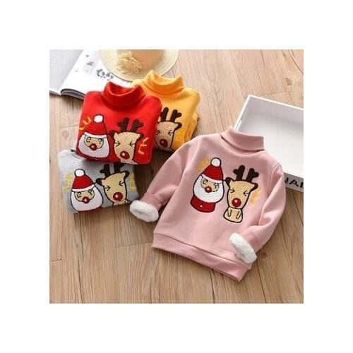 Baby T Shirt Long Sleeve Cartoon Print Turtleneck Plus Velvet Sweatshirts For Girls Boys Autumn Winter Tops Christmas Clothing