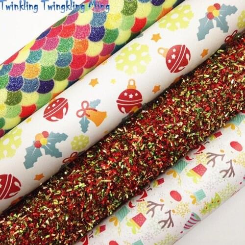 Tissel Glitter leather, Mermaid Printed Glitter Leather, Christmas Faux Fabric For Bow A4 21x29CM Twinkling Ming KM177