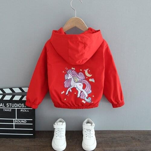 Spring Autumn Girls Casual Jackets Hooded Outerwear Cartoon Printing Unicorn Windbreaker Children Clothing 2 4 6 Years Girl Coat