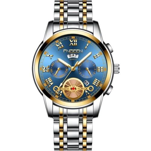 FNGEEN 4001 Men Watches 2021 Top Quality Stainless Steel Quartz Waterproof Wristwatches Business Dual Calendar Luxury Man Watch
