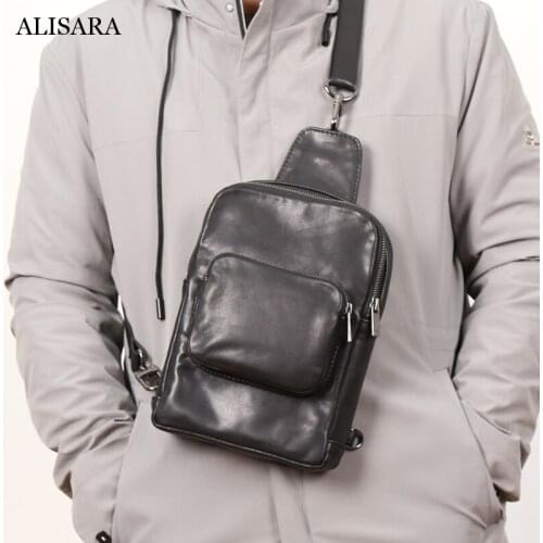Alisara Mens Chest Bag First Layer Cow Leather High Quality Male Small Satchels Youth Casual Crossbody Messenger Pack