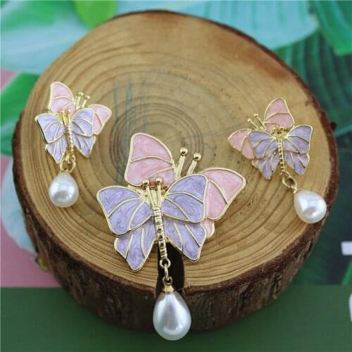 New retro literary simple alloy butterfly enamel brooch S925 silver needle enamel butterfly earrings women