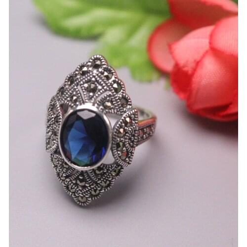 New Pure 925 Sterling Silver Ring The widest 20mm Blue Corundum Lace Ring