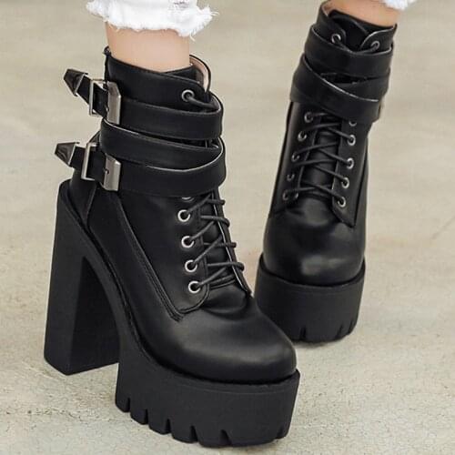 New Black High-heeled Martin Boots Womens Platform Thick-heeled Platform Ankle Boots Buckle Strap short Boots