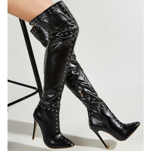 New Style Lady Zipper Women Shoes Autumn Winter Sexy Stiletto High Heel Pointed Toe Thigh Boots Lady Street Fashion Rivet Boots