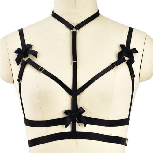 Wholesale Woman Body Harness Belt Sexy Bondage Lingerie Goth Body Cage Bow Open Chest Bra Punk Black Adjust Suspender Belt