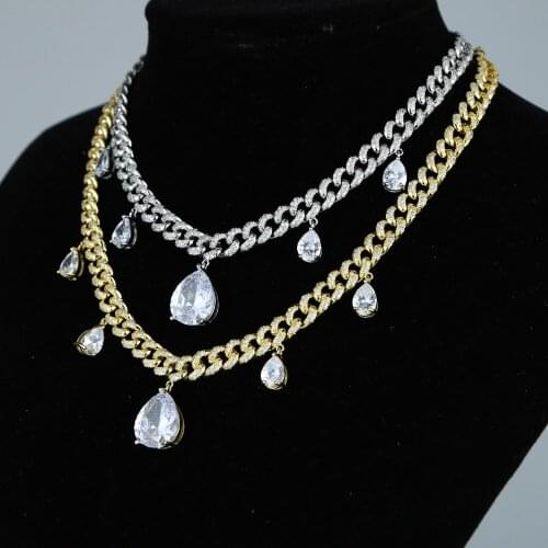 Wholesale women necklace with water drop cz charm choker necklace with gold color plated hip hop necklace drop ship