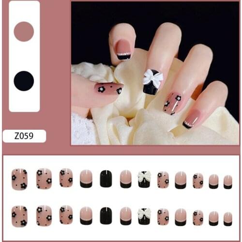 24pcs Bow Pearl Nail Patch Black Flower Printed Glue Type Removable Short Paragraph Fashion Manicure False Nails Patch SK88