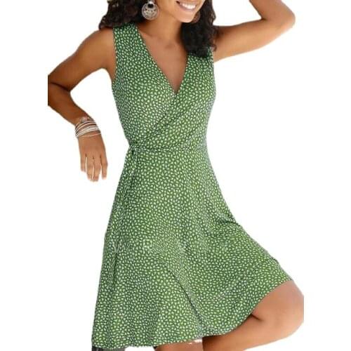 Plus size dresses for women 4xl 5xl 6xl Summer flowy sleeveless v neck beach print wrap dress Green sun dresses for women 2021