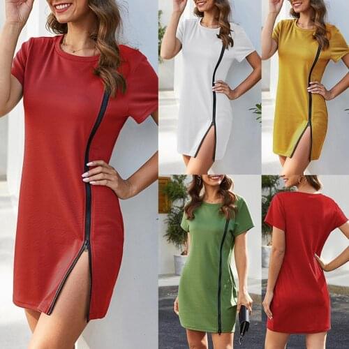 Casual Beach Dresses Women Summer Solid Color Short Sleeve O Neck Side Long Zip Mini Dress Ladies Fashion Summer High Street