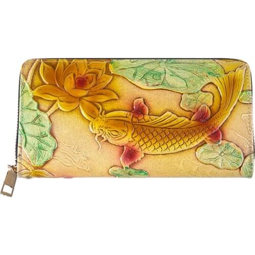 Anti-theft and anti-magnetic Wallet clutch bag long wallet 3D lucky fish Genuine leather card holder wallet Female coin purse