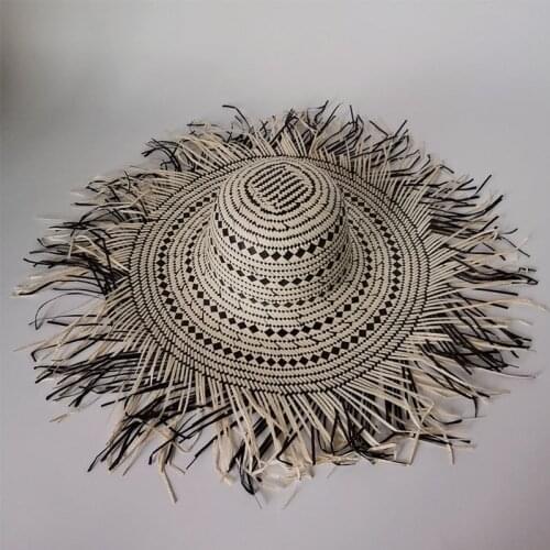 Elegant Womens Summer Hat Black White Sun Protection Cap Female Dome Fringed Edge Big Wide Brim Hat Straw Hat Beach Hat Sun Hat