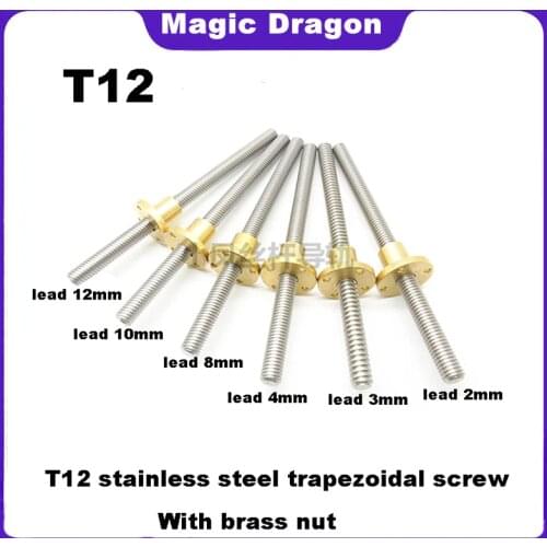 Stainless steel CNC 3D Printer T12 lead screw Thread 12mm lead 2mm 4mm 8mm 10mm 12mm 14mm length 100mm to 1000mm with Brass nut