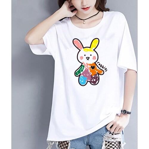 Vintage Oversize Cotton 2021 Cartoon Rabbit Short Sleeve T-shirt Women Harajuku Summer Tops Tees Tshirt