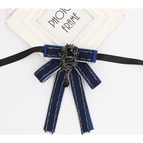 Spring Women Shirt Striped Ribbon Bow Tie Cravat New Lady Elastic Strap Wedding Party Alloy Bling Rhinestone Necktie Chic Bowtie