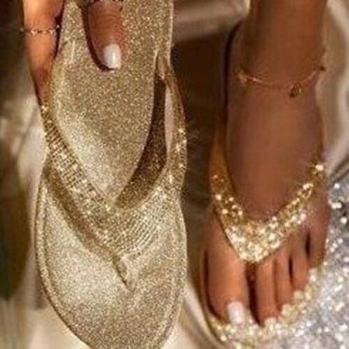 Rhinestone Flip Flops Women Shoes Bling Slippers Outside Casual Beach Slides Slippers Ladies Flat-heeled Summer