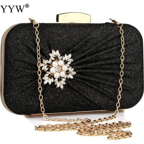 Pearl Bridal Wedding Evening Party Clutch Handbag Silver Ladies Sparkling Rhinestone Purse Chain Ruched Shoulder Crossbody Bag