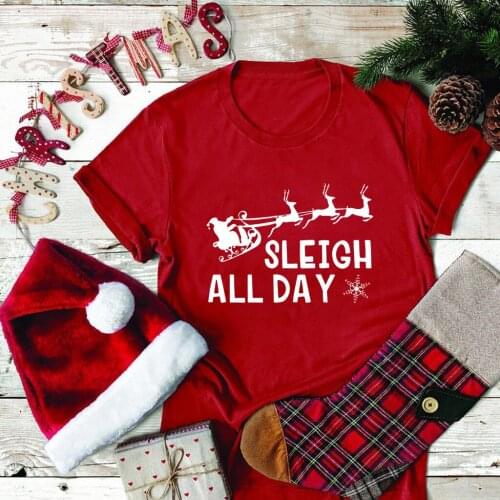 Seeyoushy Sleigh All Day Santa Claus and Deers Print Women T-shirts Graphic Tees Woman Plus Size Short Sleeve Harajuku Clothing