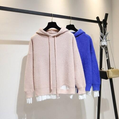 New Spring Autumn Casual Faux Two Pieces Knitted Sweatshirts Women Patchwork Pullovers Hooded Coat Loose Hole Hoodies Tops Mw486