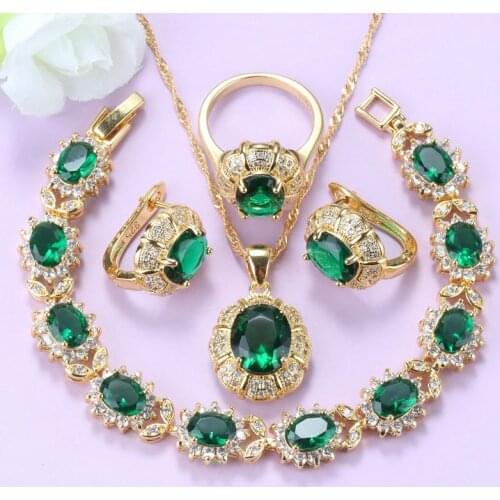 Bridal Sets Gold Color Wedding Accessories Green Natural Stone Clip Earrings And Necklace Bracelet Ring Jewelry Sets For Women