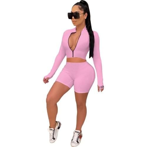 Embroidery Knit Rib Tracksuit Women Sexy Zipper V Neck Long Sleeve Crop Top with Biker Shorts Bodycon Two Piece Set Clothing