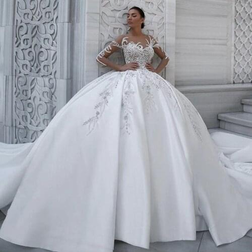 Pearls wedding dresses 2020 crystal pearls long sleeve ball gown puffy bridal dresses vestidos de noiva