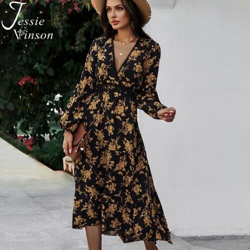 Jessie Vinson Floral Print Black Boho Dress Women Long Sleeve V-neck Lace Splicing Long Maxi Dress Bohemian Vestidos ZA Dress
