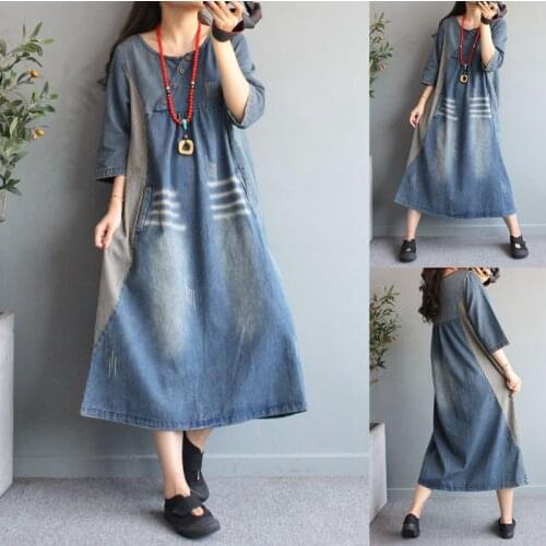 Loose Maxi cowboy Dress Patchwork Denim Dresses Plus Size O-neck Front Buttons Women Harajuku Baggy long-sleeve Jean Dresses