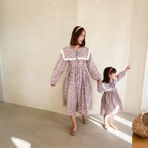 2021 Mother Daughter Floral Dress Long Sleeve Cute Collar Shirt Dress Mommy and Me Clothes Family Matching Spring Summer Outfits