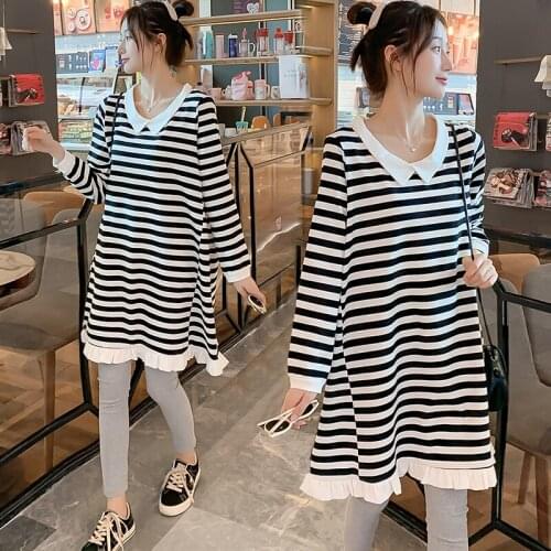 2052# Maternity Clothes Spring Autumn Cotton Long Sleeve Loose Striped Dress for Pregnant Women Mom Dress